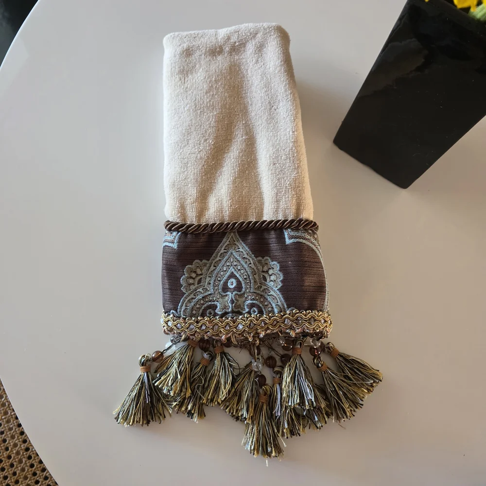 Vintage 2000s Tuscan Dream House Towel Cream and Brown Hand Towel Beaded Tassels